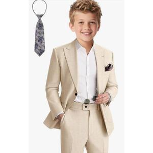 Boys Linen Suit Slim Fit Peaked Lapel Beach Wedding Formal Suit for Kids Tuxedo Suits for Boy Ring Bearer Outfit Set Of Three Small Stain On Pants Size 4T