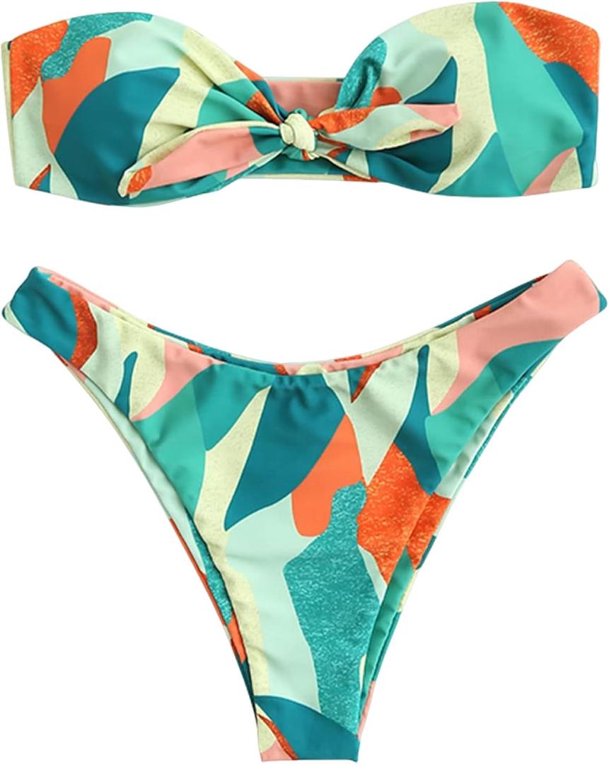 ZAFUL Women's Floral Print Bandeau Bikini Set High Cut Strapless Knot Front Swimsuit Sexy Bathing Suit, L