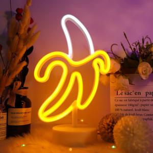 Banana Neon Sign Light, WIOSOUL Banana LED Light with Base for Table Decor LED Lamp USB/Battery Powered Fruit Neon Art Sign for Man Cave Birthday Party Wedding Cafe Bar
