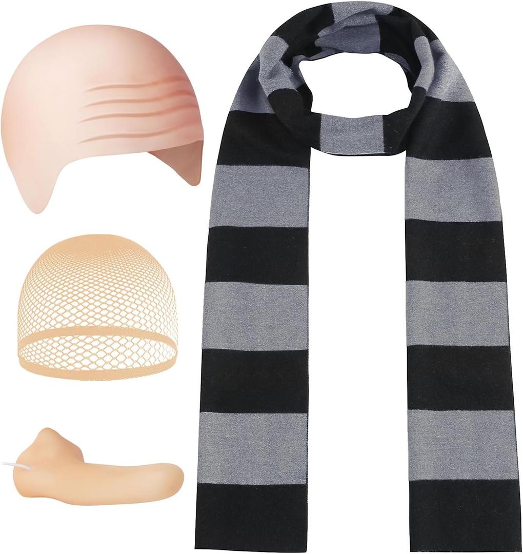 4 Pcs Halloween Costume Accessories for Adult, Black Gray Striped Scarf/Fake Nose/Bald Cap for Men Cosplay Set