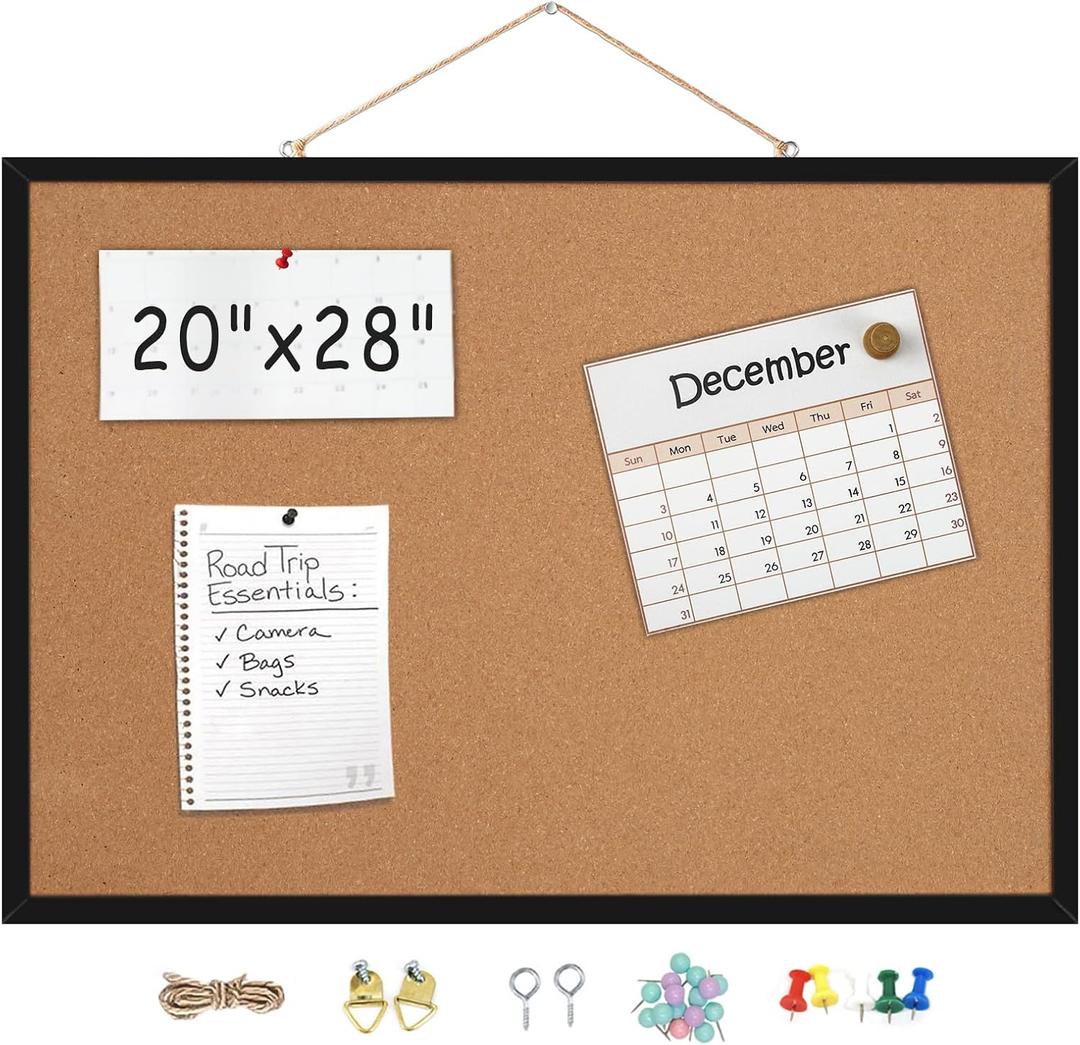 20 x 28 Cork Boards for Walls with Black Wooden Frame 1pack, Whiteboard and Cork Board Combo Double Sided Office Board for Wall Organizer, Bulletins Board Hanging Pin Board for School Home Office