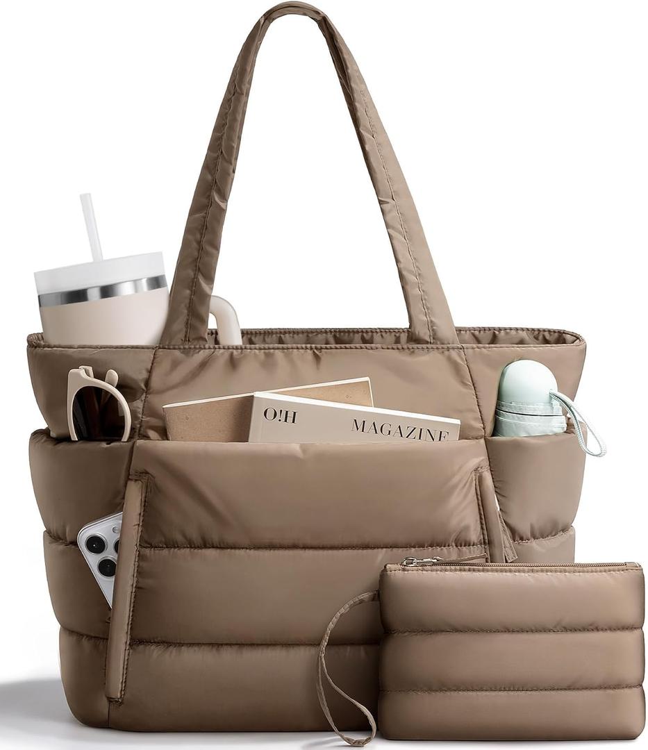 Puffer Tote Bag for Women, Lightweight Puffy Work Handbag Teacher Nurse Quilted Shoulder Bag for School Travel Gym | Cloud Bag w/ Zipper, Daily College Bags, 15.6" Computer Bag, Clinical Nursing Bag, 40 OZ Tumbler Holder, Ideal Gift for Women (Dark Khaki)