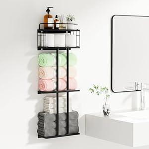 BUTUNITA Black Towel Rack for Bathroom, Metal Towel Holder for Bathroom Wall, Bathroom Towel Storage Rack with Shelf, Rolled Towel Racks for Bathroom Wall Mounted, 3-Tier Small Towel Organizer