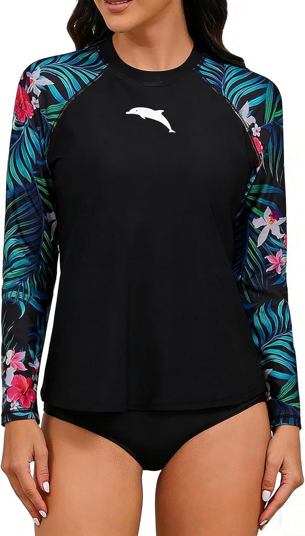 Halcurt Womens Long Sleeve Rash Guard Swim Shirts with Built in Bra UPF50+ Sun Protection Swimsuit Top, Medium