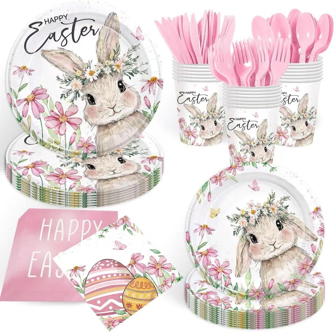 168PCS Easter Party Supplies Happy Easter Party Decorations Vintage Bunny Flower Paper Plates Napkins Cups Cute Rabbit Wlidflower Themed tableware for Spring Holiday Picnic Serve 24