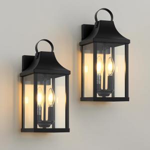 Outdoor Wall Sconces Set of 2, 15 Black Outside Wall Mounted Light Fixture, Exterior Farmhouse Wall Sconce Lantern 2-Light, Modern Porch Lighting Exterior Lamp for House, 2 Pack