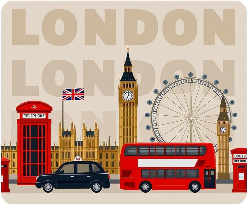 London Gaming Mouse Pad Famous Britain Landmarks Monuments Art Pattern Touristic Travel Destination Non-Slip Rubber Mouse Pad for Computers, Laptop, Office 9.5 Inch x 7.9 Inch