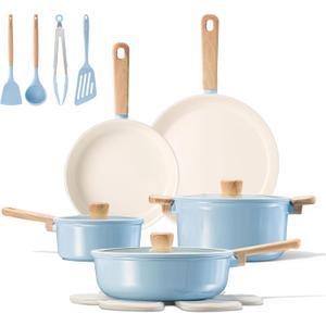 CAROTE 16pcs Ceramic Cookware Set, Pots and Pans Non Stick Kitchen Cookware Sets, Pots and Pans Set Cooking Set with Knife Set (Blue)
