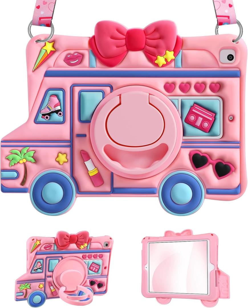 For iPad 6th/5th Generation Case, Air 1st/Air 2nd, for iPad Pro 9.7 Inch Case - for Girls Cute Girly Kawaii 3D Cartoon Design with Rotating Stand Handle & Shoulder Strap Silicone Cover