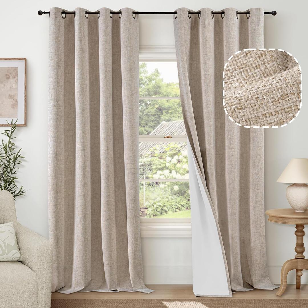 Beige 100% Blackout Curtains for Living Room 95 Inch Length 2 Panels Set, Thermal Insulated Light Blocking Faux Linen Curtains for Bedroom, Bronze Grommet Boho Window Drape Each 52" Wide