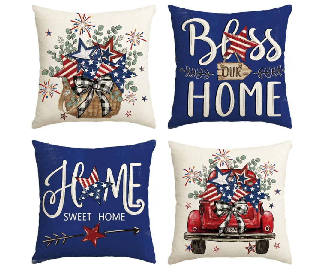 AVOIN colorlife Bless Our Home Eucalyptus Stars Fireworks Car Blue Throw Pillow Covers, 18 x 18 Inch 4th of July Patriotic Independence Memorial Day USA Flag Cushion Case for Sofa Couch Set of 4