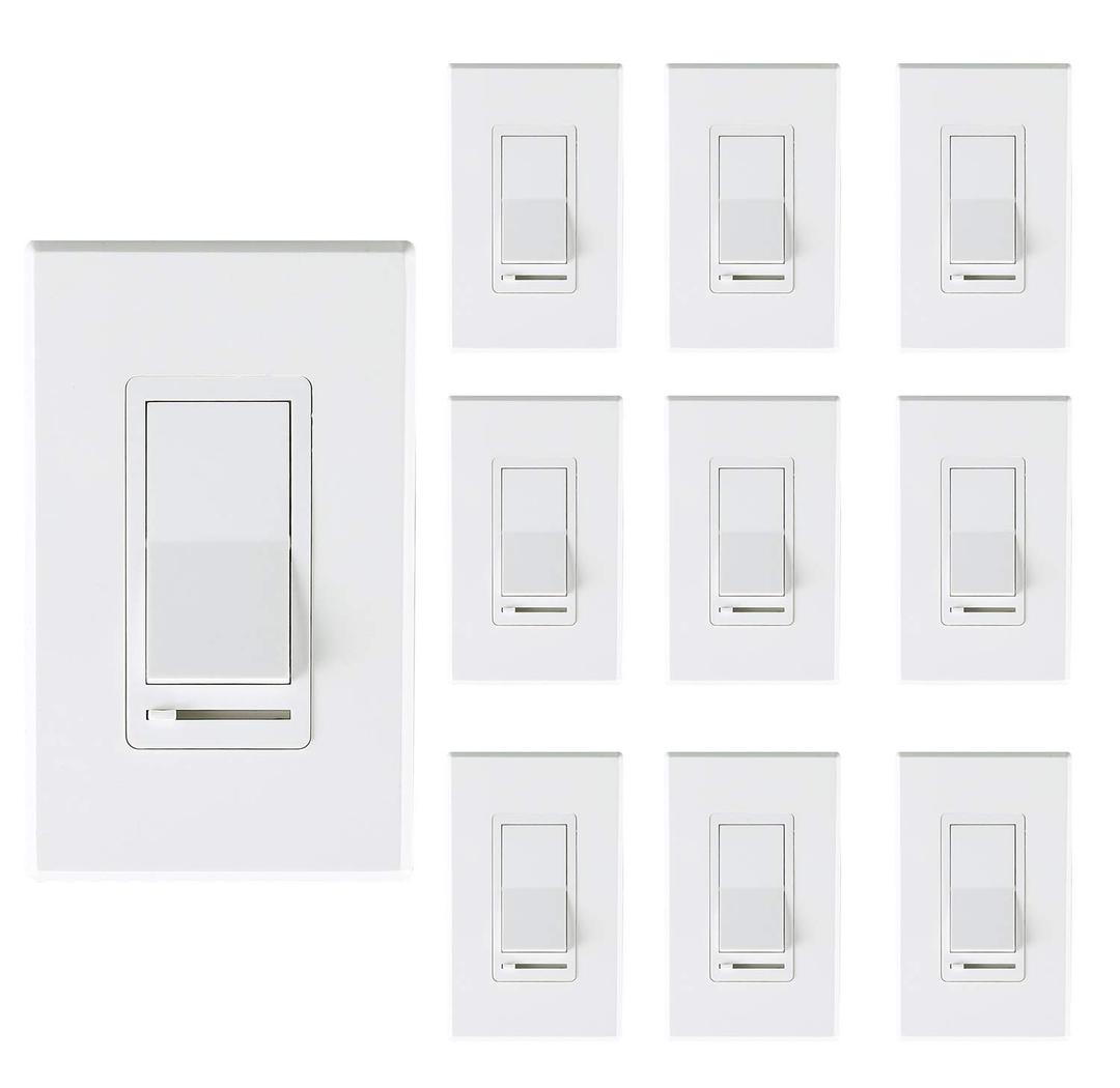 [10 Pack] Cloudy Bay 3-Way/Single Pole Dimmer Electrical Light Switch for 150W LED/CFL, 600W Incandescent/Halogen,Wall Plate Included,Pack of 10