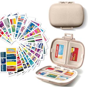 Pill Organizer with Medicine Labels Travel Daily Pill Container Mini Medication Organizer Storage Pill Organizer Travel Essentials Pill Case 7 Day Pill Organizer (Beige, 161 Lables)