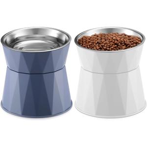 Lallisa Cat Feeder, 2 Pcs Elevated Stainless Steel Bowls with Adjustable Raised Stand, Non-Slip Pet Food and Water Bowl for Cats, Dogs, Hygienic Feeding Eating Pets (Blue, White)