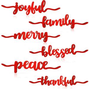 12 Pieces Christmas Table Decor Thankful Blessed Merry Joyful Peace Family Plate Sign Wood Cutout Rustic Decor Inspirational Letter Wood Sign Christmas Decorations (Red)