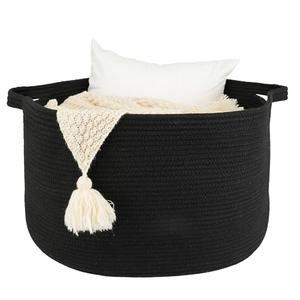 XUANGUO Large Cotton Rope Basket Blankets Basket Living Room 22"x14" Toy Baskets for Kids and Dogs Rope Storage Baskets for Nursery Woven Laundry Baskets for Clothes Towels round black