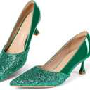 Women's Kitten High Heels 2 Inch Sequin Pointed Toe Leather Pumps Comfortable Slip On Wedding Party Dress Stilettos Shoes (9, Green)