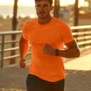 Zengjo Athletic Shirts for Men Short Sleeve Quick Dry Moisture Wicking Tee | Stretch jersey, tagless neck, 4-needle flatlock seams, workout sessions, gym training, running, outdoor exercise (Orange, M)