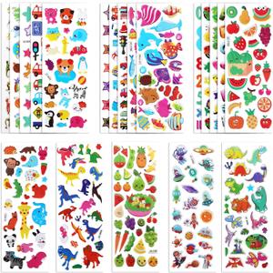20 Sheets of 3D Puffy Stickers for Kids, Multiple Designs Self-Adhesive Stickers Includes Animals Numbers Letters Fruits for Journal Water Bottles DIY Crafts (Boy Style)