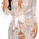 Avidlove Women's Lace Kimono Robe Babydoll Lingerie Mesh Nightgown  (White, M)