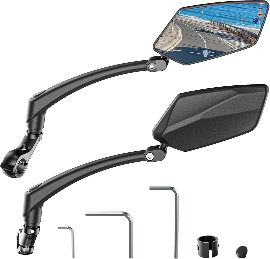 2pcs Bike Mirror Handlebar Mount 360 Adjustable and Rotatable, Wide Bicycle Mirrors for Handlebars with Long Arm, Safe HD Bike Rear View Mirror for Scooter, Motorcycle Accessories Foldable for Ebike