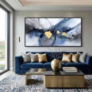 Blue Abstract Wall Art for Living Room Modern Artwork for Wall Decor Large Framed Canvas Paintings for Office and Bedroom Blue and Gold Pictures for Living Room Wall 20×40IN