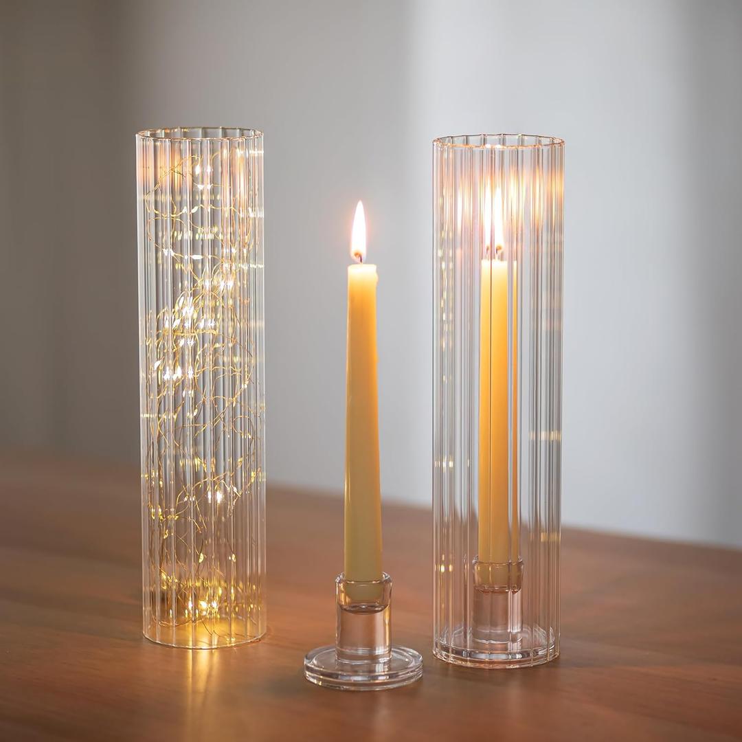 NUPTIO Candle Stick Holder for Centerpiece: Ribbed Hurricane Glass Taper Candle Holders - Set of 2 Fluted Candlestick Holder with Tall Cylinder Cover for Fall Thanksgiving Christmas Dining Table Decor