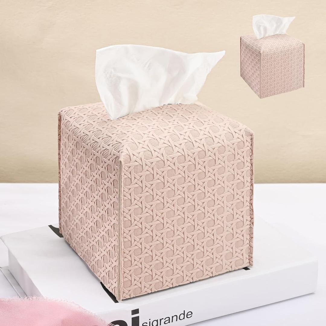 HOMOTEK 2 Pack Tissue Box Cover, Square PU Leather Tissue Holder, Decorative Facial Tissue Cube Paper Organizer Dispenser for Bathroom, Night Stands, Desk, Car 5X5X5'' - Rattan Weave,Macaron Pink