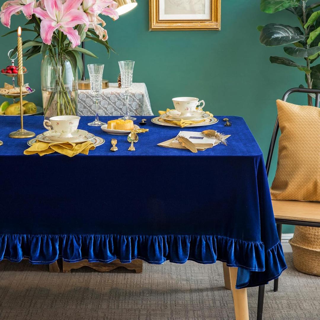 GLORY SEASON Velvet Tablecloth Luxurious Solid Rectangle Table Cloth,Oblong Retro Farmhouse Ruffle Tablecloths Washable Table Cover for Party Wedding Baby Shower Kitchen Dinning Tabletop Decoration, 102" x 60" (Rectangular), Sapphire Blue