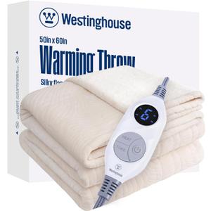 Westinghouse Electric Throw Blanket, Flannel Sherpa Heated Throw with 6 Heating Levels and 2-10 Hours Auto-Off, Flower Jacquard Heated Blanket, Fast Heating & ETL Certification, 50" x 60" Inch, Beige
