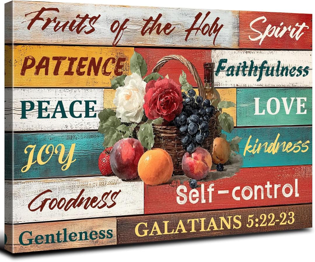 Fruit of The Spirit Canvas Wall Art for Kitchen Picture Christian Bible Verse Wall Decor Living Room Decorations Colorful Fruit Food Painting Prints Spiritual Poster Galatians 5:22:23 Artwork 12x16