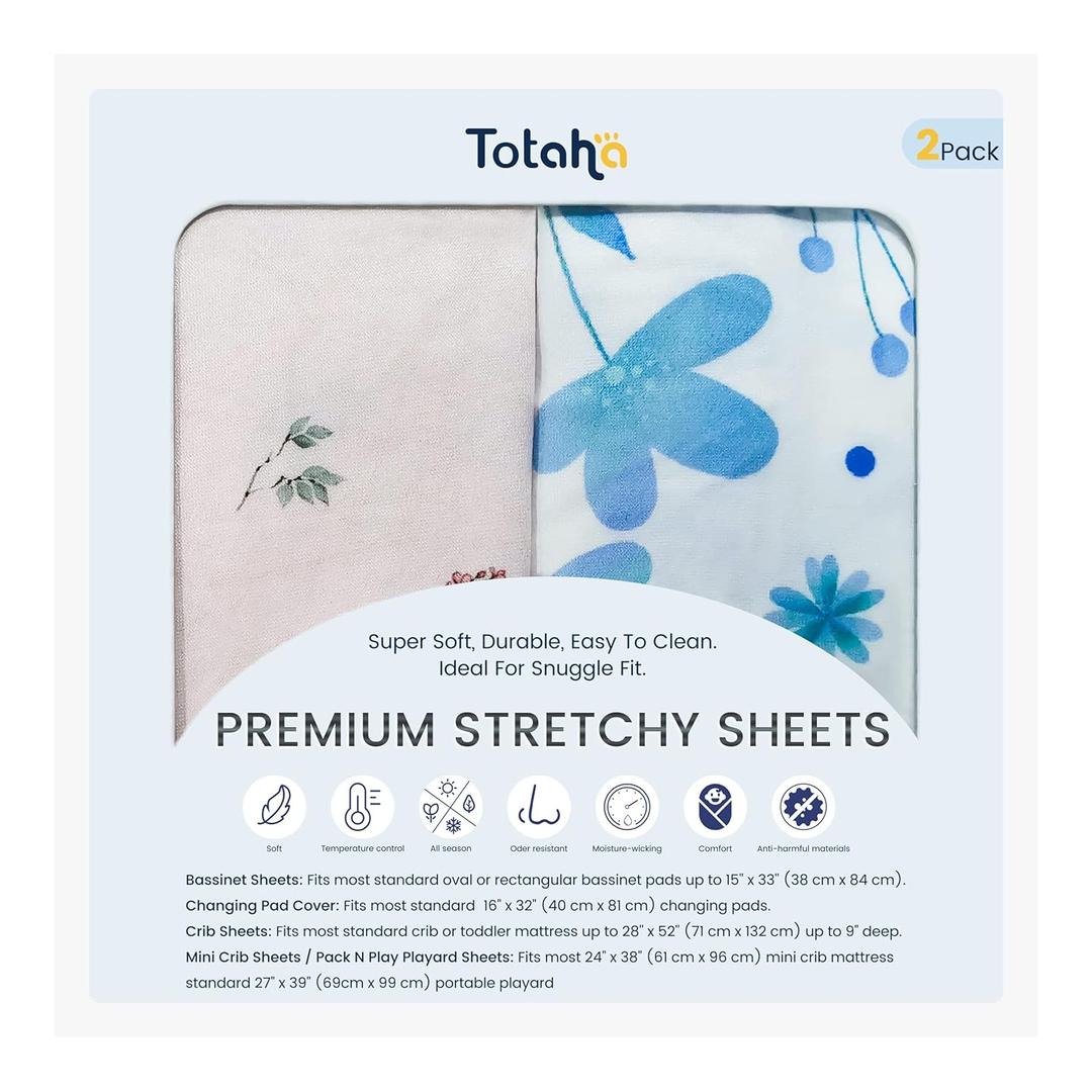 TotAha Premium Stretchy Pack N Play Playard Sheets | Mini Crib Sheets (2-Pack)-Hypoallergenic, Silky Comfort, AButtery Soft, Calming Effect, All-Season Jersey-Knit (Blue Flower & Small Floral)