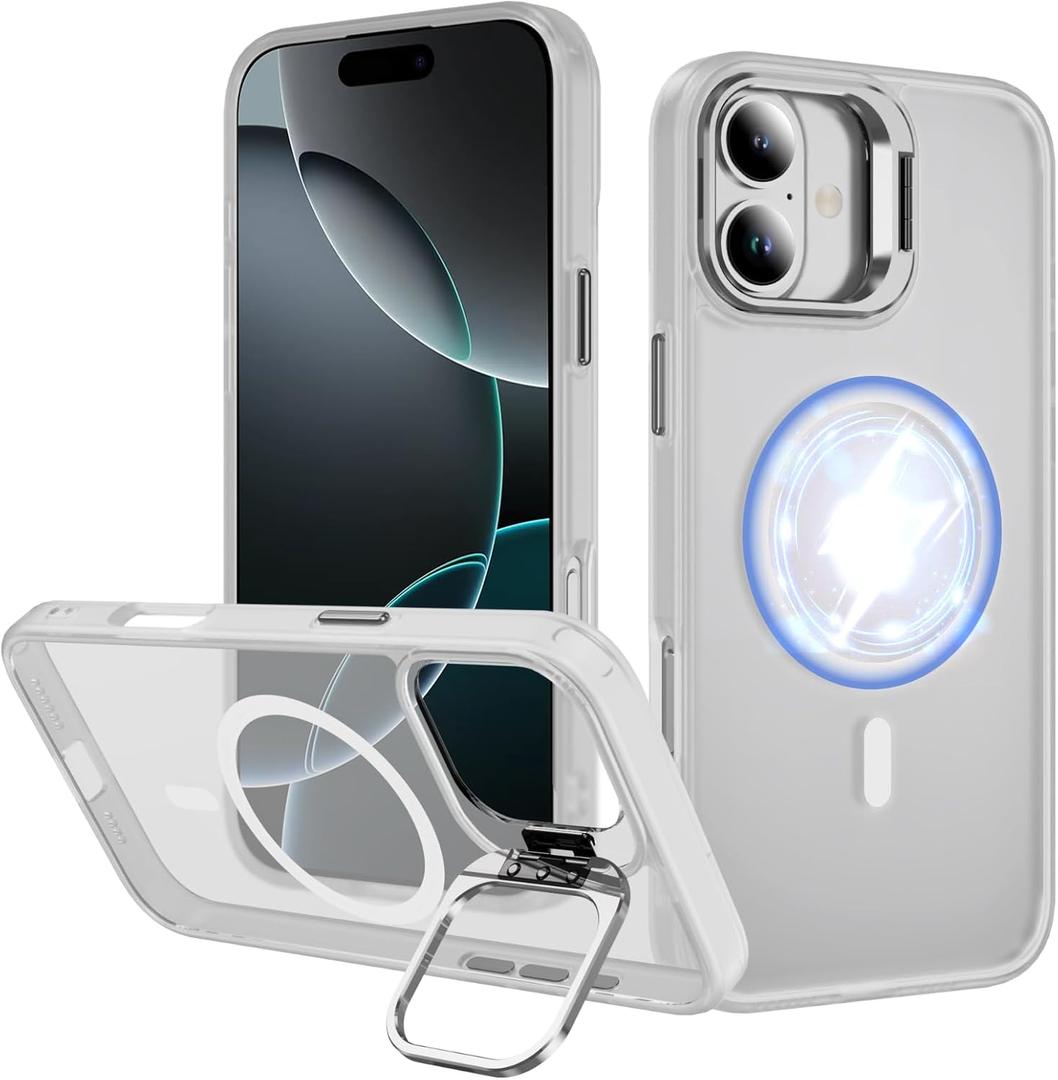 ADDIT for iPhone 16 Case iPhone 16 Magnetic Phone Case Fits MagSafe Military-Grade Translucent Matte Back Built-in Camera Stash Stand Case Fit for iPhone 16 (TP White)