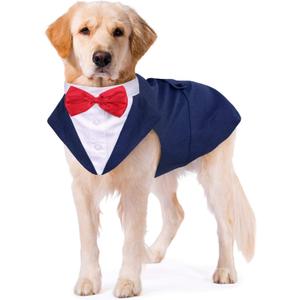 Kuoser Dog Tuxedo Dog Suit and Bandana Set, Dogs Tuxedo Wedding Party Suit, Doggy Prince Bow Tie Shirt Formal Pet Wedding Attire for Large Medium and Small Dogs Golden Retriever Samo Bulldogs (Large (pack of 1), Blue)