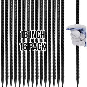Hacaroa 16 Pack 16 Inch Rebar Stakes Heavy Duty, Straight Metal Ground Anchors Steel Garden Spikes for Tent, Timber, Concrete, Fence, Plant Support, 3/8" Diameter, Sharp Tip, Black
