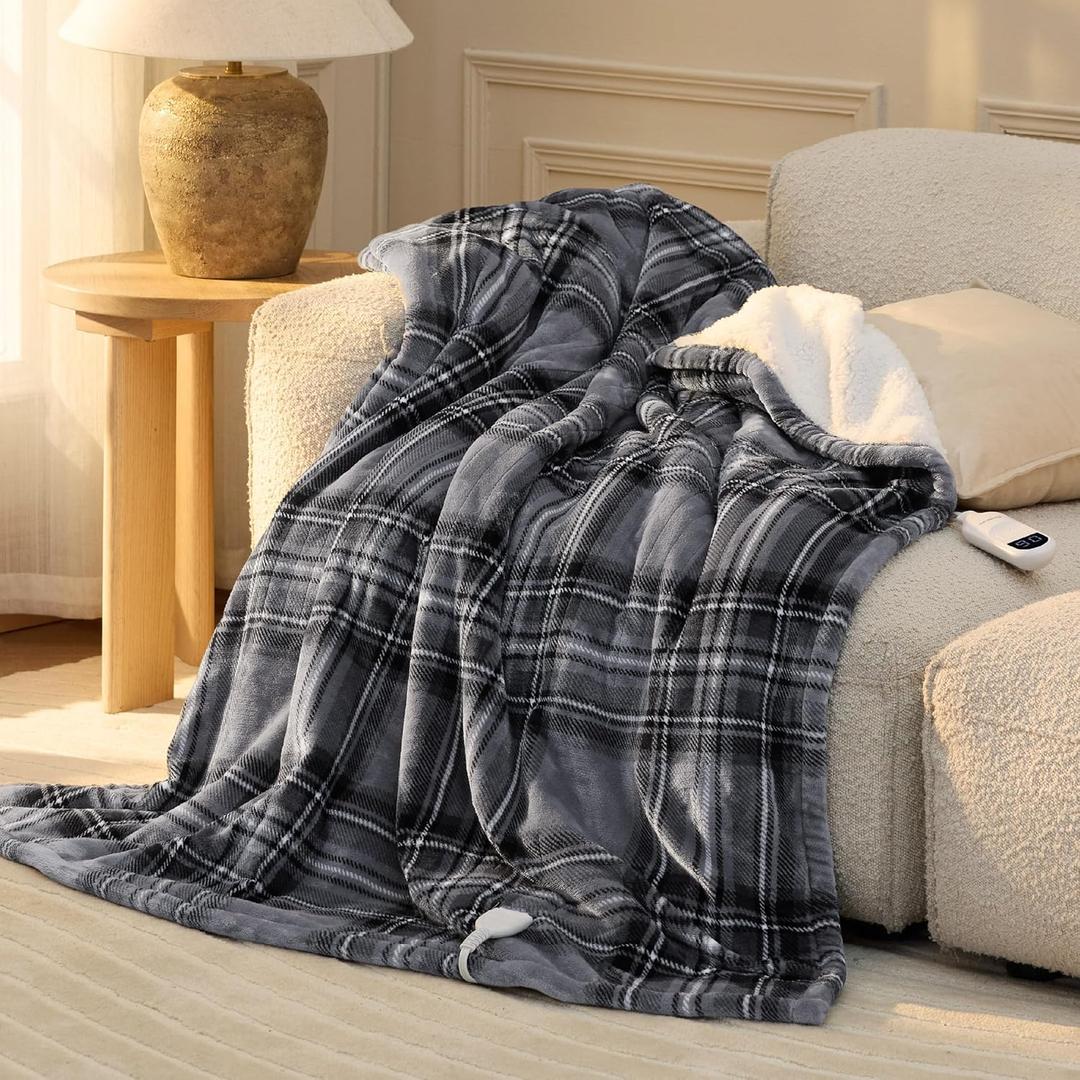 Bedsure Plaid Heated Throw Blanket - Flannel Sherpa Electric Blanket with Plaid Pattern, Heating with 6 Heating Levels, 4 Time Settings, 3-Hour Auto-Off, Warm Gifts for Grandma (Grey, 50"x60")