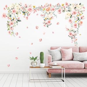 Rotumaty Flower Wall Decals Hanging Vine Flower Wall Stickers Pink Rose Wall Decor Spring Floral Home Decorations for Nursery Living Room Girls Bedroom