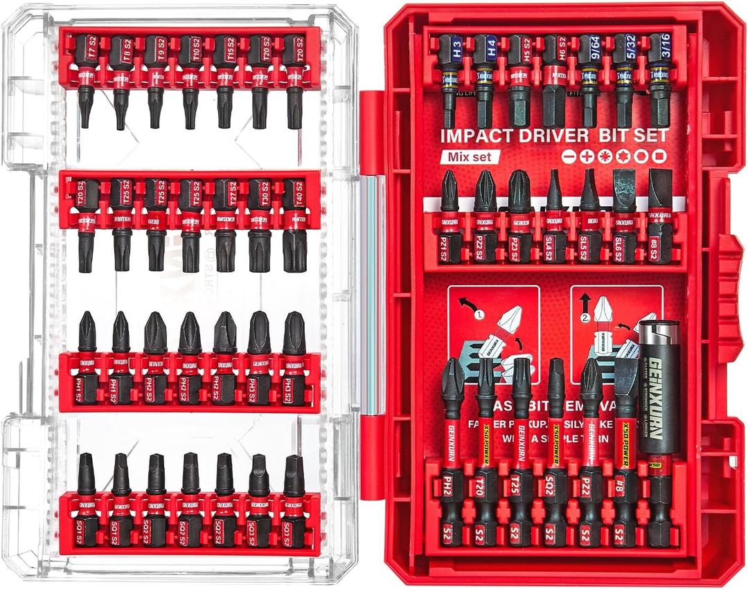 Geinxurn 49Pieces Impact Screwdriver Bits Set, Magnetic S2 Steel Phillips/Slotted/Square/Torx Insert Power Bits Tips, Impact Bit Holder with Red Storage Box Case