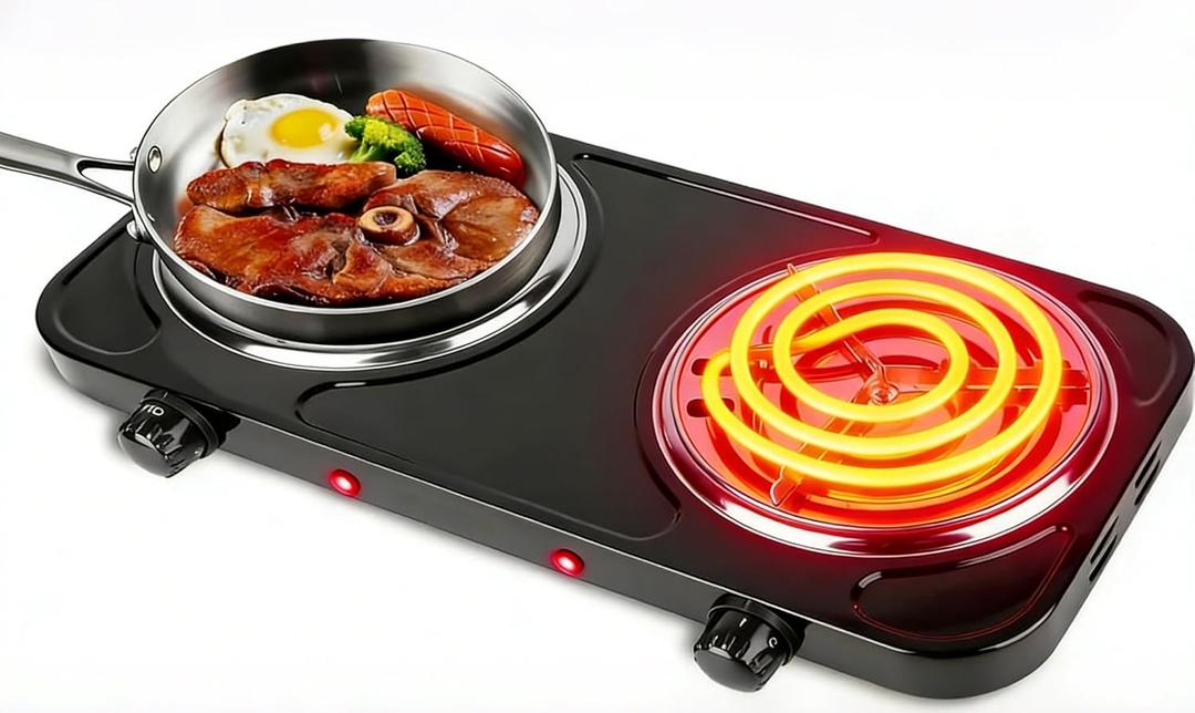 2000W Double Burner, Electric Hot Plate for Cooking Portable Cooking Stove, Countertop Burner Cooktop for Kitchen, Dorm, Temperature Control, Easy to Clean, Black