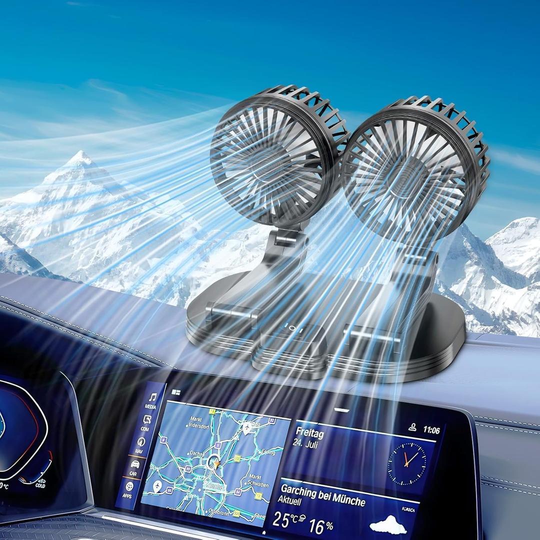 Car USB Fan, Upgraded Dual Head 360 Rotation Portable Vehicle Cooling Fan for Car Dashboard SUV RV Truck Boat Van Sedan Home Office