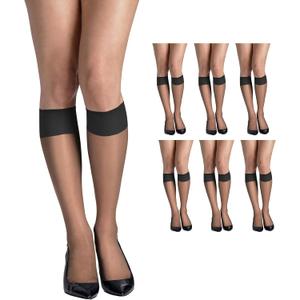 Hanes Silk Reflections Women's Silky Sheer Reinforced Toe Knee-High Stockings (Barely Black (Pack of 6))