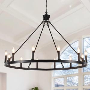 Black Wagon Wheel Chandelier 12-Light Farmhouse Chandelier for Living Room 38" Round Rustic Industrial Hanging Light Fixture for Dining Room Foyer Hallway Kitchen Island