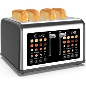 4 Slice Toaster Touch Screen, Stainless Steel Toasters Digital Timer, Dual Control Panel Toasters, 8 Shade Settings 6 Bread Types for Bagel, Cancel, Defrost 1650W Grey