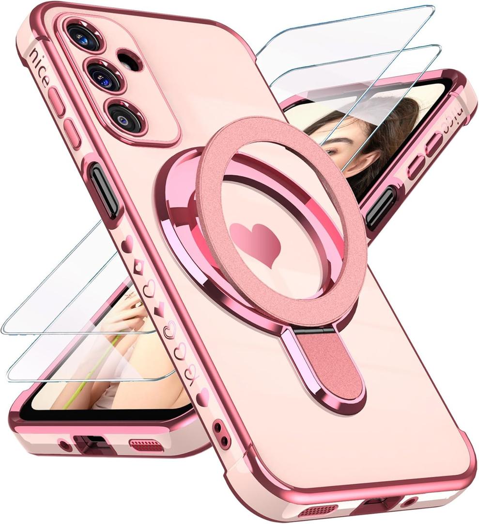 for Samsung Galaxy A16 5G Love Heart Kickstand Case with 2X Screen Protector: Luxury Plated Gold Edge Slim Soft TPU Shockproof Protection Case Cover for Galaxy A16 (Pink)
