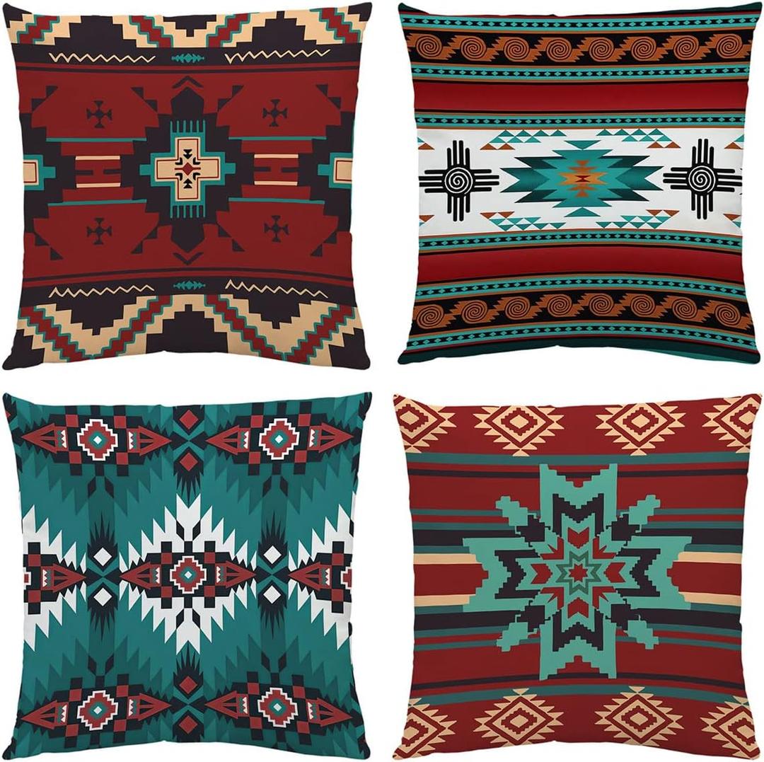 Western Native American Throw Pillow Covers Set of 4 18X18 Inch Rustic Southwestern Tribal Ethnic Design Pillow Covers Comfortable Boho Velvet Covers for Bedroom Bed Outdoor Couch Sofa (Native)