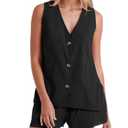 Kedera Womens 2 Piece Suits Set Button Down V Neck Vest Summer Holiday Trendy Sleeveless Tops and Shorts with Pockets B-Black, M