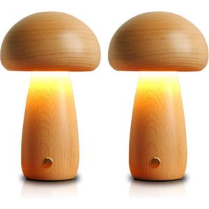 LONRISWAY 2 Pack Wooden Mushroom Lamp, Portable Cordless Touch Switch Small Rechargeable Battery Operated Lamp,Stepless Dimming,