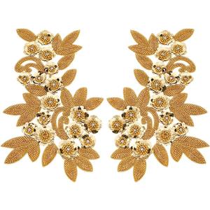 MAYJOYDIY 1 Pair Gold Sequin Flower Lace Appliques, 3D Flower Beaded Embroidery Sew On Patches for Sewing, Wedding Dress Embellishment, Gown Decor, Clothing DIY