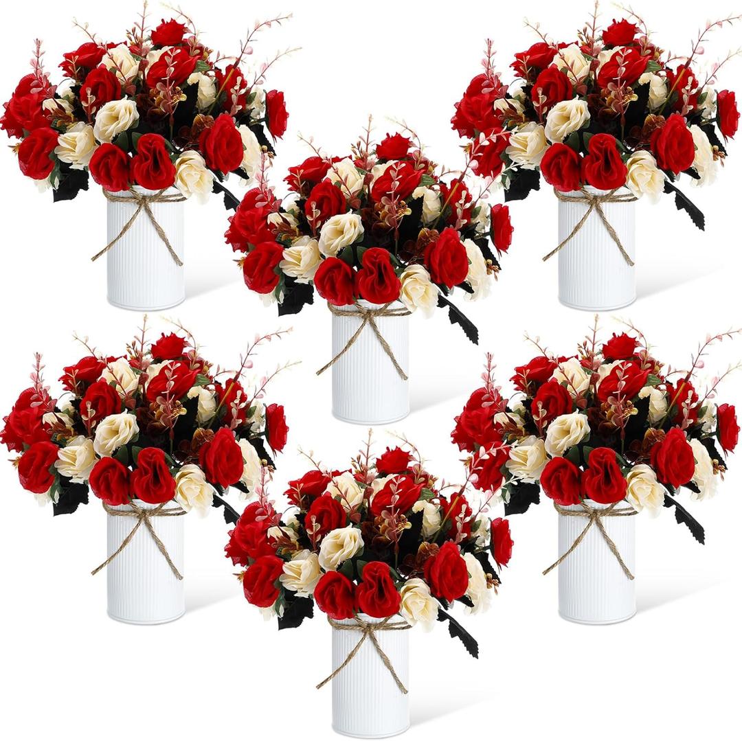 Domensi 6 Sets Wedding Centerpiece for Table Artificial Rose with Vase Fake Bouquets and Metal Pot Floral Arrangements for Holiday Party Event Table Decor (Red)