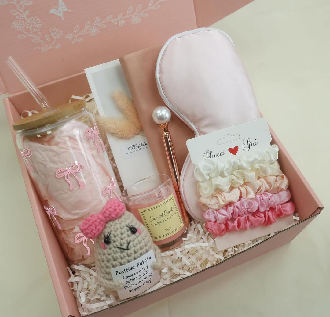 Pink Birthday Gifts for Teen Girls,Inspirational Gifts Basket for Her, Cute Bow Theme Birthday Gifts for Women, Friendship Gifts for Daugther/Sister/Friend /BesitePink &Bow)